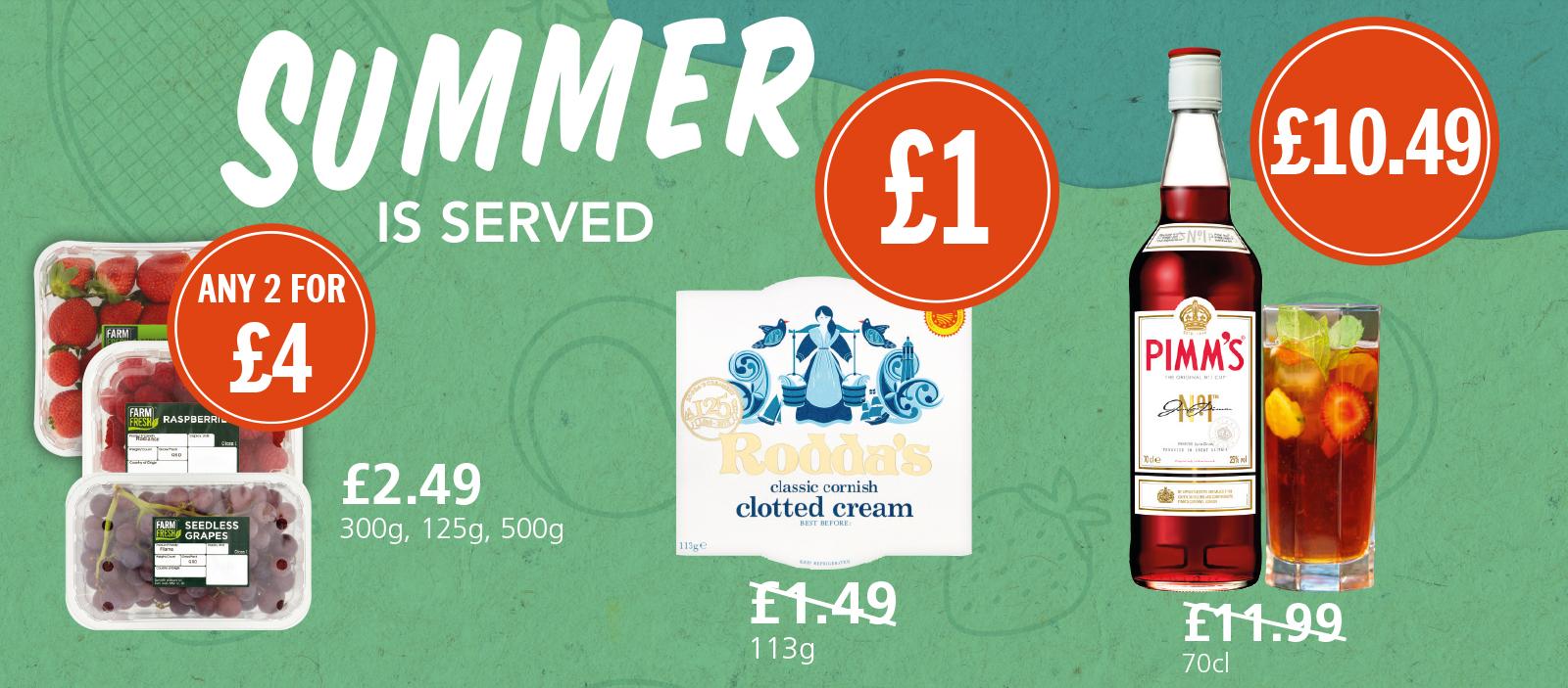 Summer is Served: Farm Fresh Strawberries, Raspberries and Seedless Grapes, Rodda's Clotted Cream and Pimm's - on offer at Budgens