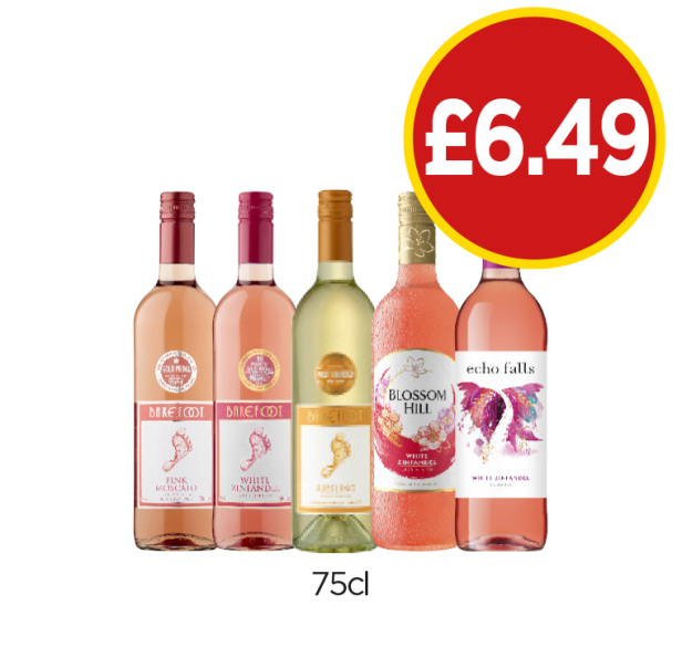 Barefoot Pink Moscato, White Zinfandel, Riesling, Blossom Hill White Zinfandel, Echo Falls White Zinfandel - Now Only £6.49 each at Budgens