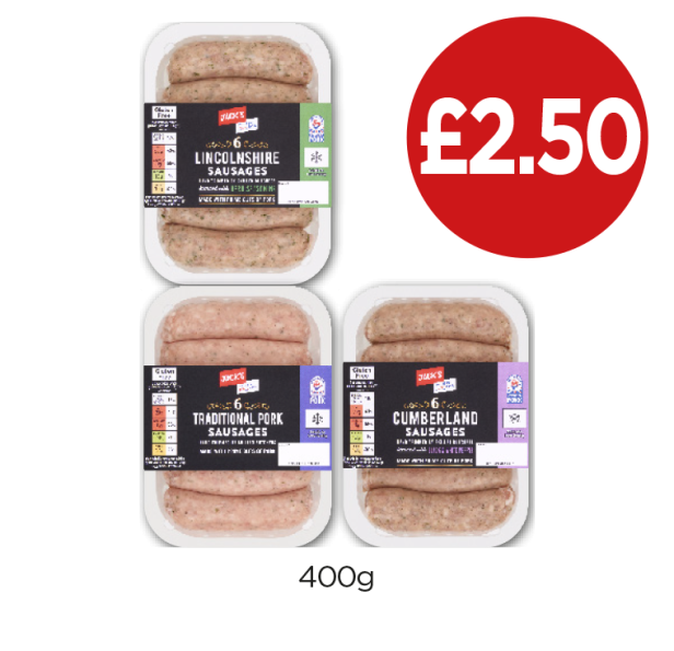 Jack's Sausages Traditional, Lincolnshire, Cumberland - Now Only £2.50 at Budgens
