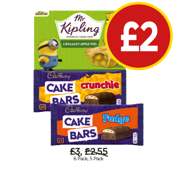 Mr Kipling Bramley Apple Plies, Cadbury Cake Bars Crunchie, Fudge - Now Only £2 each at Budgens
