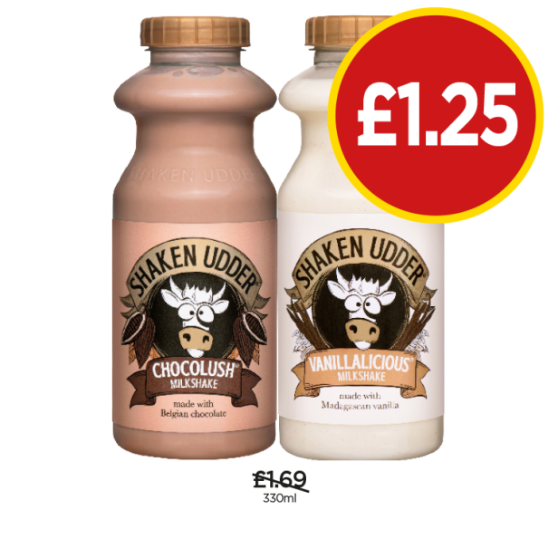 Shaken Udder Milkshakes Chocolush, Vanillalicious - Now Only £1.25 each at Budgens