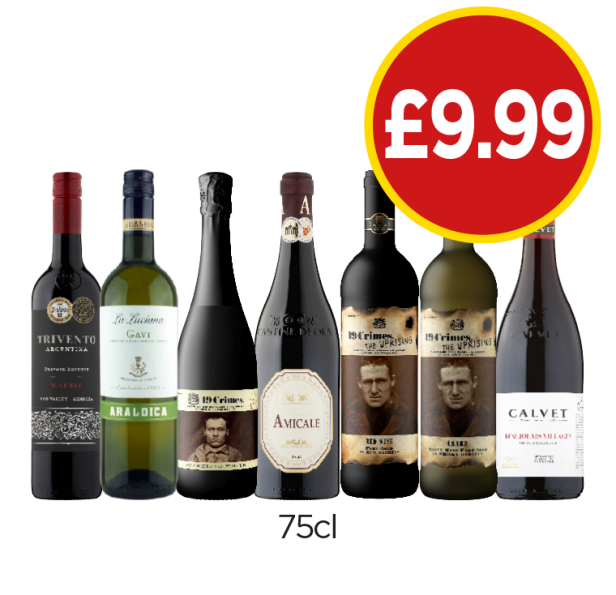 Trivento Malbec, La Luciana Gavi, 19 Crimes Sparkling White, Amicale, 19 Crimes The Uprising Red Wine, Chard, Calvet Beaujolais Villages - Now Only £9.99 each at Budgens