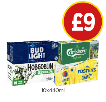 Bud Light, Carlsberg, Hobgoblin, Fosters Shandy - Now Only £9 each at Budgens