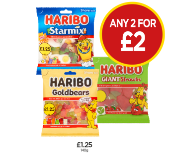 Haribo Giant Strawberries, Goldbears, Starmix - Any 2 for £2 at Budgens