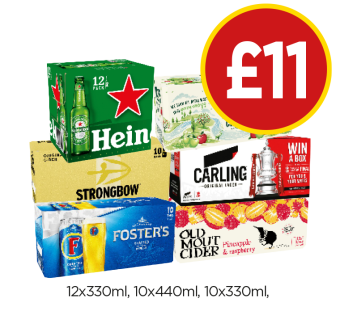 Heineken, Inch's, Foster, Strongbow, Carling, Old Mout Cider Pineapple & Raspberry - Now Only £11 each at Budgens