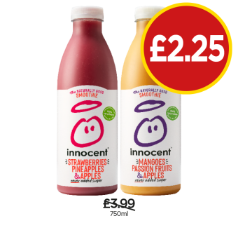 Innocent Strawberries Pineapples & Apples, Mangoes Passion Fruits & Apples - Now Only £2.25 each at Budgens