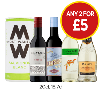 Most Wanted Sauvignon Blanc, Trivento Malbec, Jam Shed Shiraz, Yellow Tail Pinot Grigio, Canti Prosecco - Any 2 for £5 at Budgens