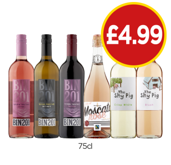 Seven Tenths Bin 201 Juicy Rose, Zesty White, Fruity Red, Moscato Rosé, The Shy Pig Crisp White, Blush - Now Only £4.99 each at Budgens