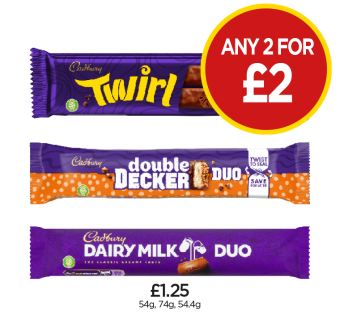 Cadbury Twirl, Duo Double Decker, Dairy Milk - Any 2 for £2 at Budgens