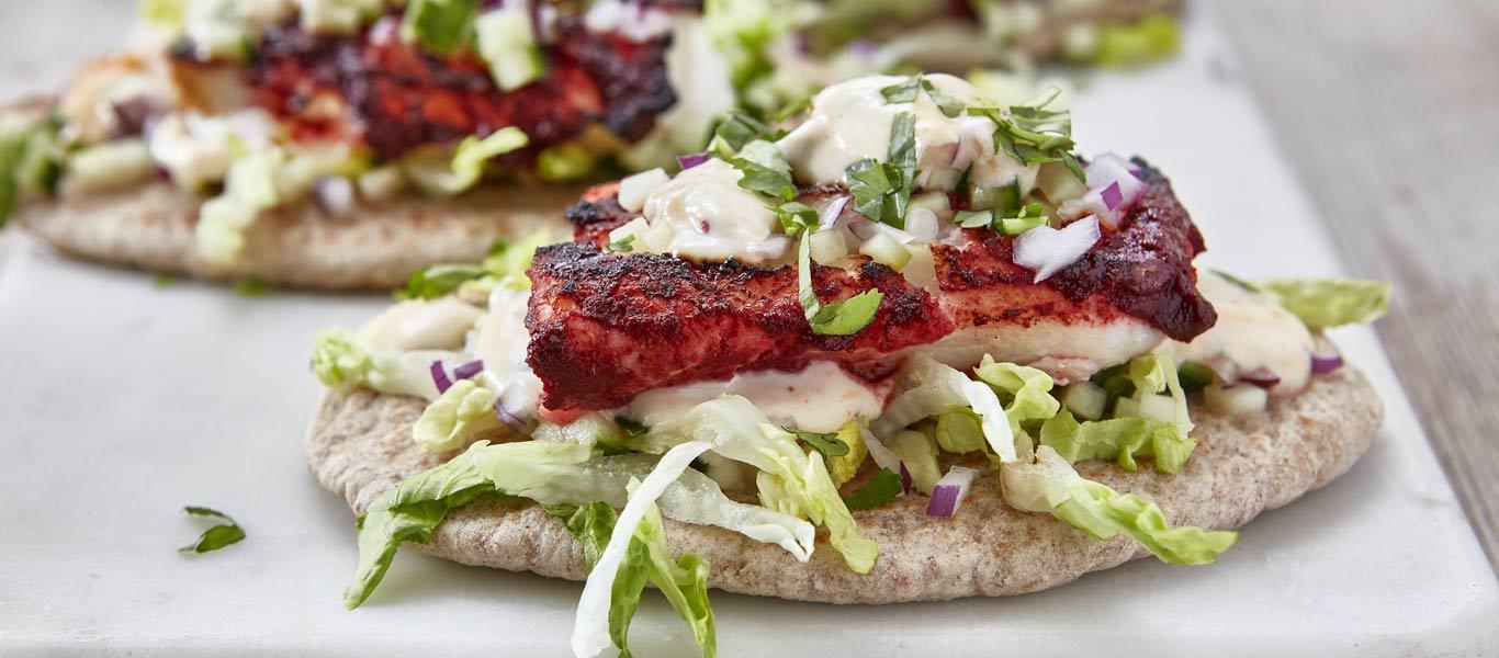 Grilled Cod Tikka in Pitta Bread