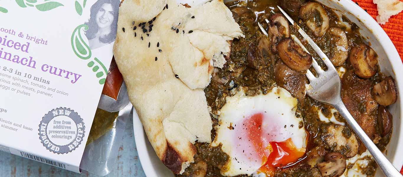 Baked Eggs with Curried Spinach & Mushrooms