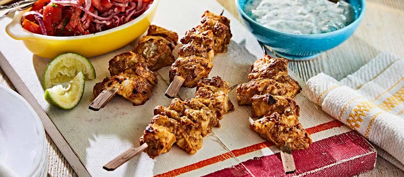 Cod Tikka Kebabs with Raita & Red Onion Salad