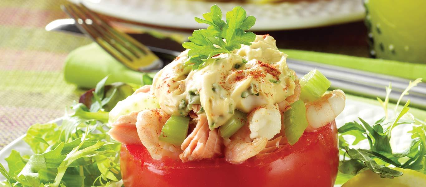 Tomatoes Stuffed with Salmon & Prawn Mayonnaise