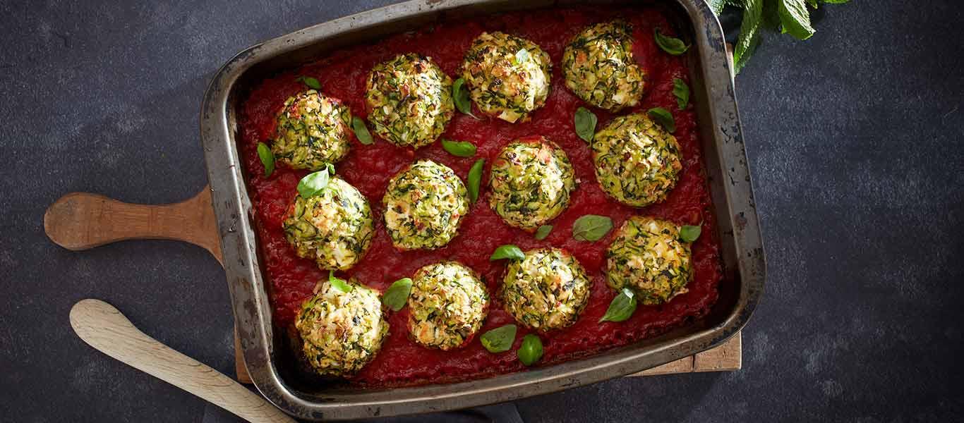 Courgette, Feta and Mint Balls in Tomato Sauce