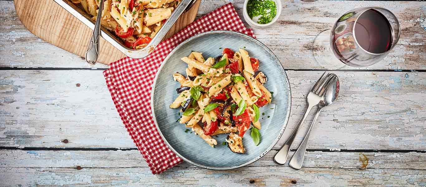 Roasted Aubergine, Pepper and Feta Penne