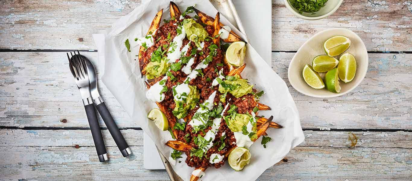 Veggie Chilli Loaded Sweet Potato Fries Recipe