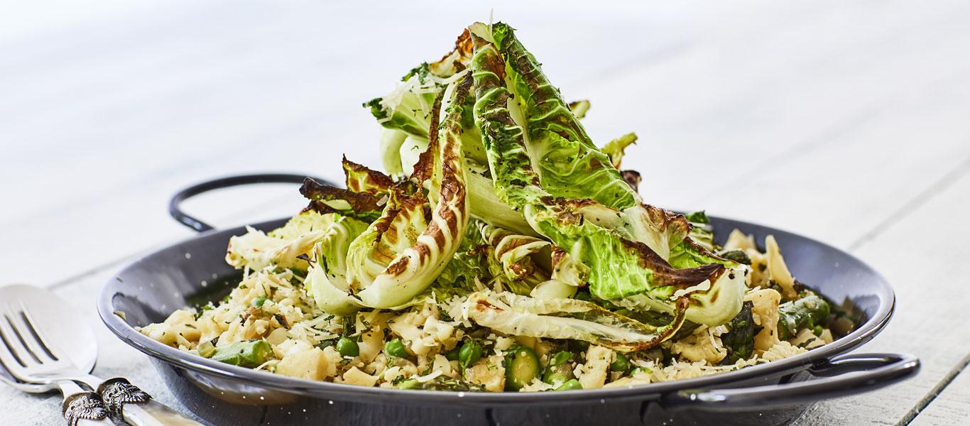 Cauliflower Risotto with Asparagus, Peas and Mint