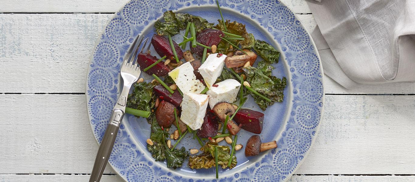 Roasted Kale, Chestnut Mushrooms and Goat's Cheese Warm Salad