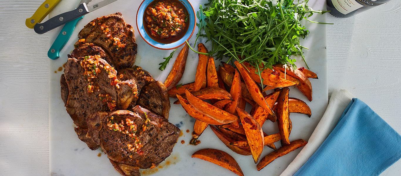 Steak with Chimichurri Potato Wedges