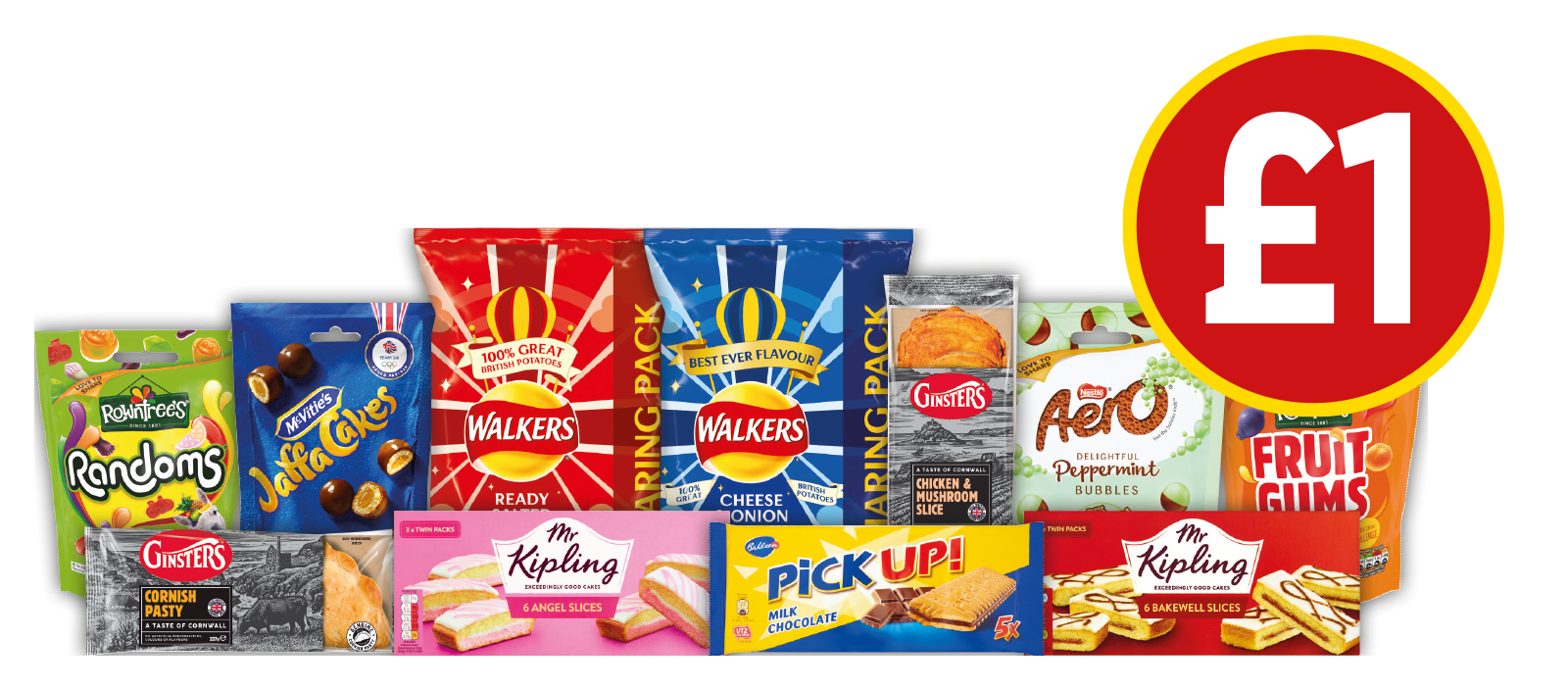 Rowntrees Randoms/Fruit Gums Pouch, McVitie’s Jaffacakes Nibbles, Walkers Ready Salted/Cheese & Onion...and more - £1 at Budgens