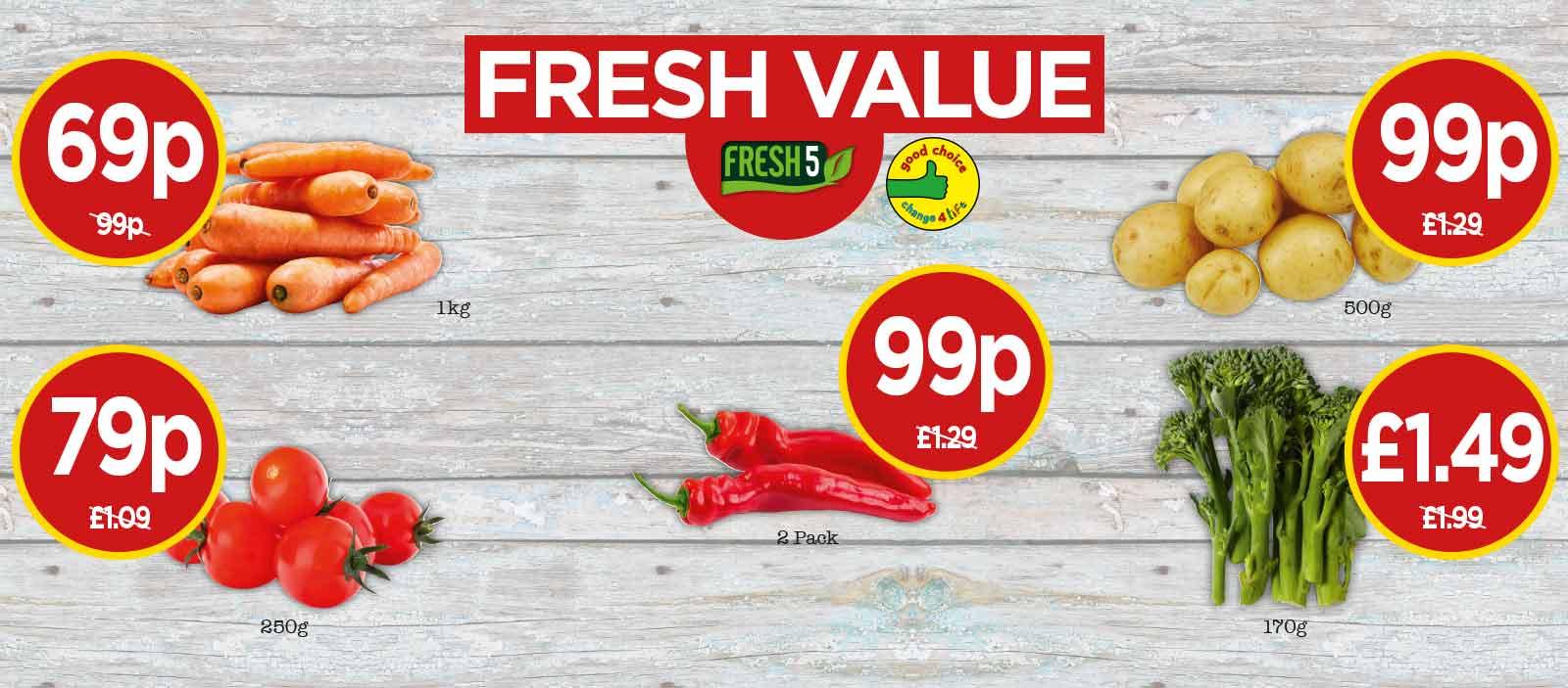 FRESH 5: Farm Fresh Tenderstem Broccoli , Carrots, Baby Potatoes, Cherry Tomatoes, Sweet Pointed Peppers at Budgens