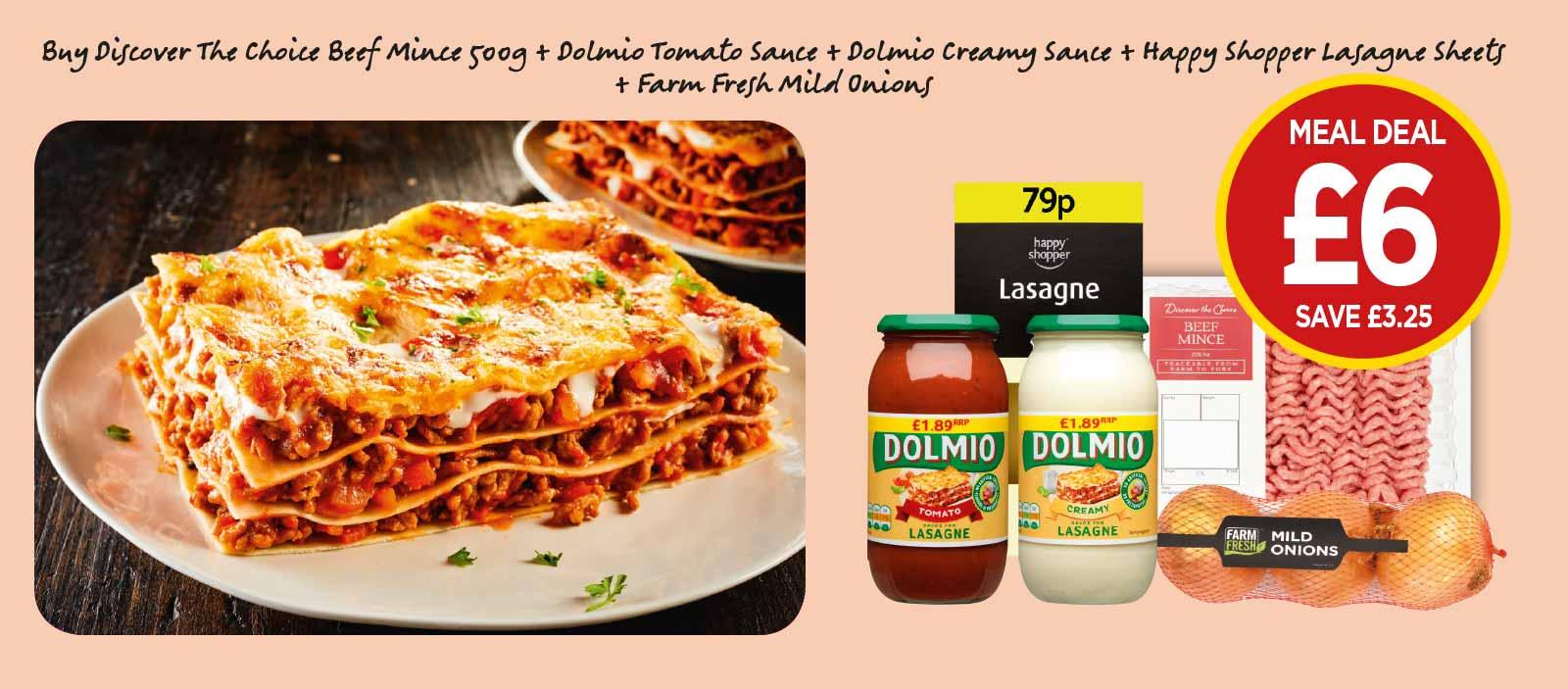 Discover The Choice Mince Beef, Lasagne Red Sauce, Lasagne White Sauce, Pasta Lasagne, Farm Fresh Mild Onion 3 Pack - £6 Meal Deal at Budgens