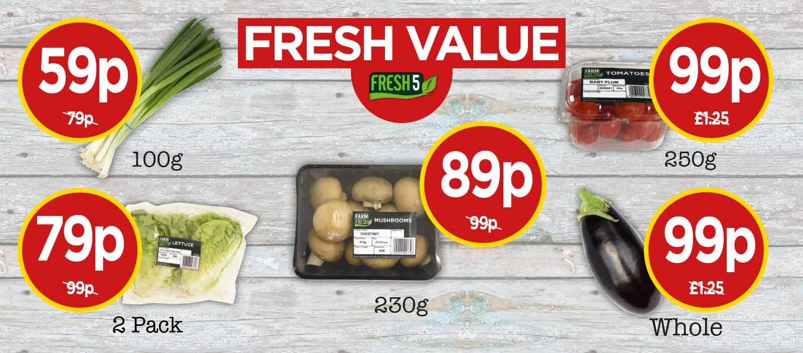 FRESH 5: Farm Fresh Little Gem Lettuce, Spring Onions, Chestnut Mushrooms, Aubergines, Baby Plum Tomatoes -