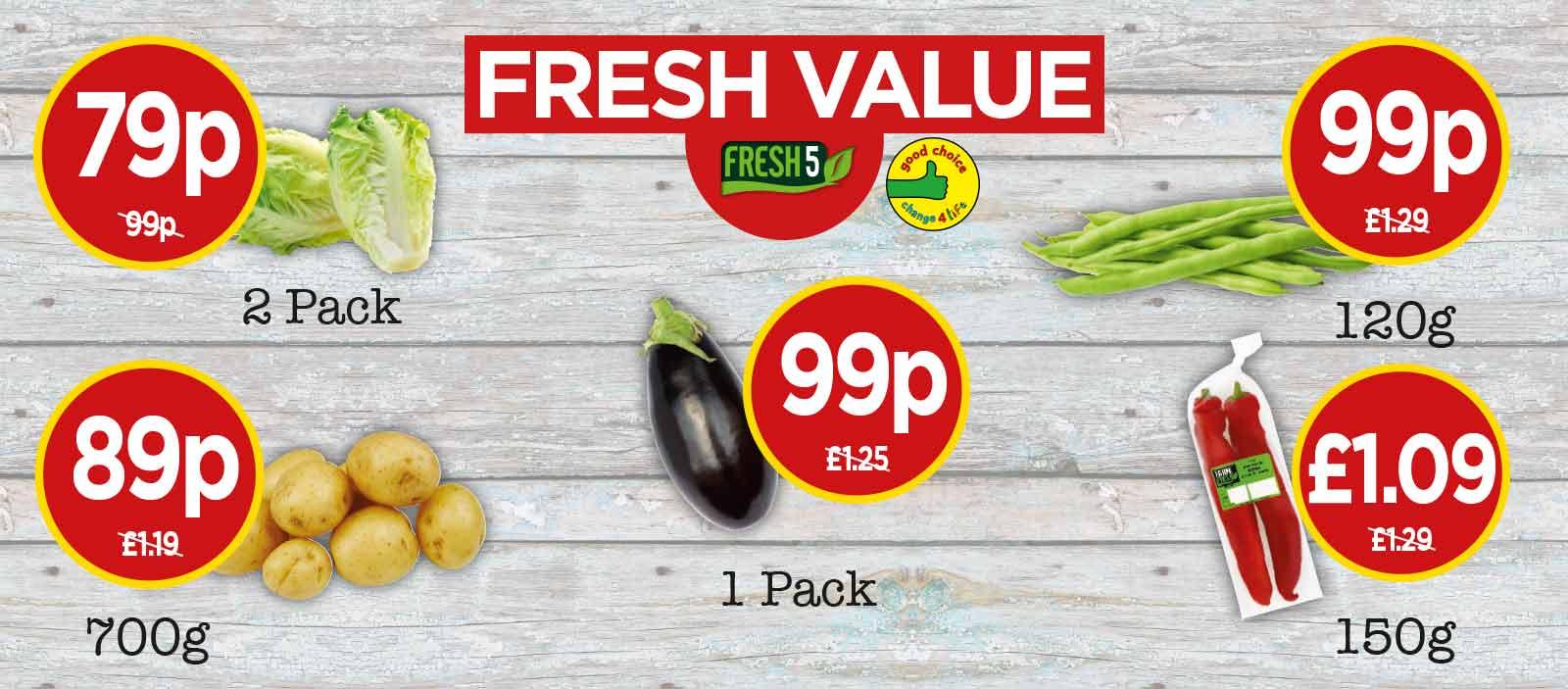 FRESH 5: Farm Fresh Sweetbite Pepper, Aubergines, Fine Green Beans, Little Gem Lettuce, Jacket Potatoes - Fresh Value at Budgens