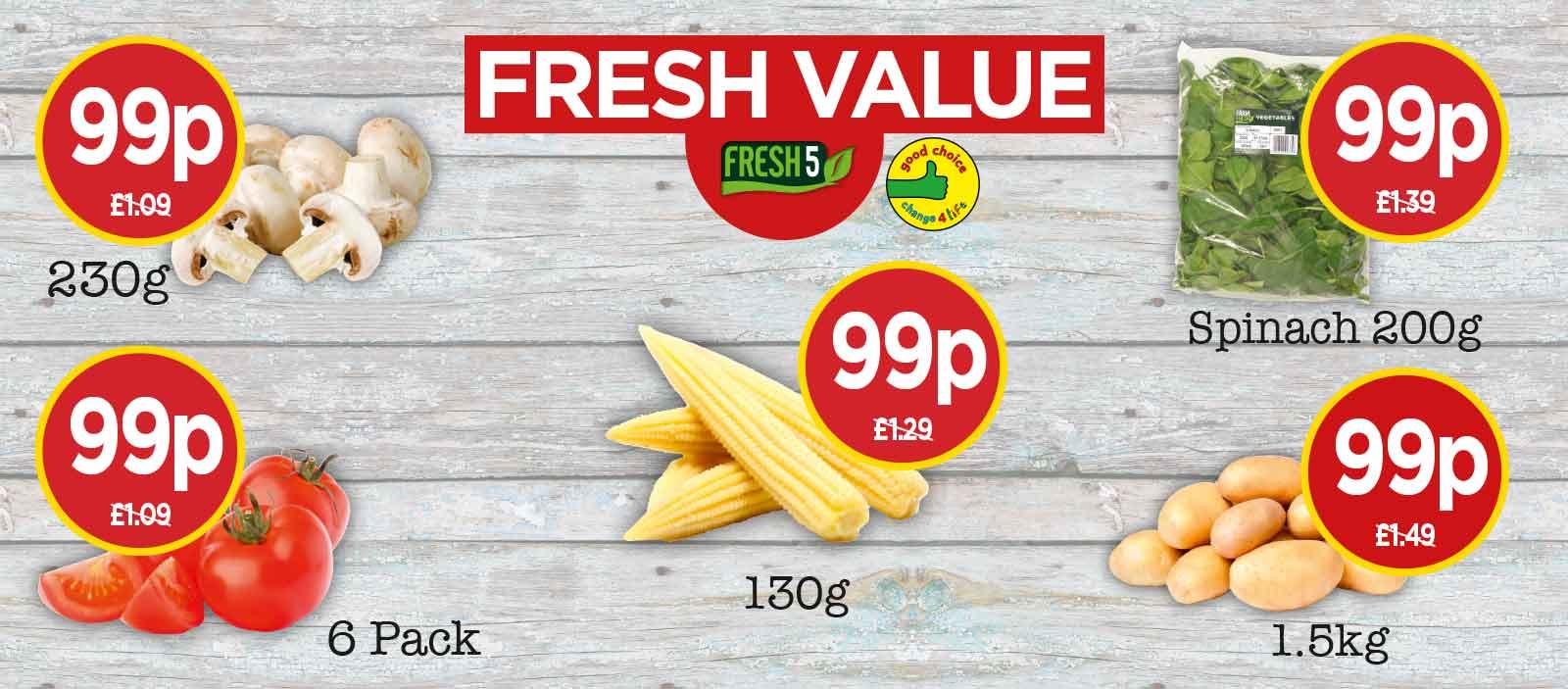 FRESH 5: Farm Fresh Chestnut Mushrooms, Babycorn, Salad Tomatoes, Baby Spinach, Mini Roasting Potatoes - Fresh Value at Budgens