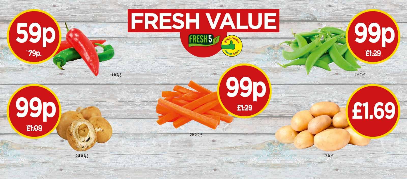 FRESH 5: Farm Fresh Chestnut Mushrooms, Chillies, Sugarsnap Peas, Maris Piper Potatoes, Carrot Batons - Fresh Value at Budgens