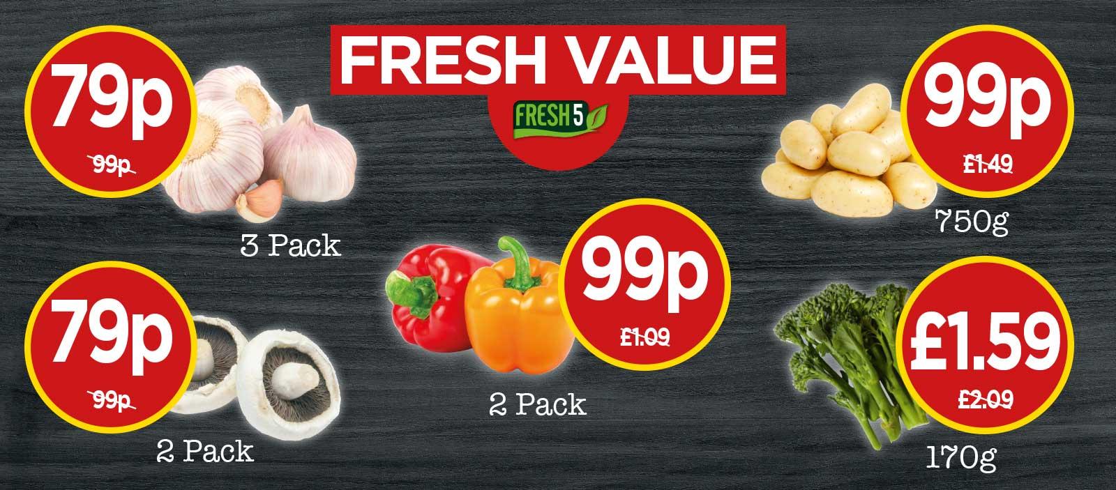 FRESH 5: Farm Fresh Salad Potatoes, Peppers, Garlic, Flat Mushrooms, Tenderstem Broccoli - at Budgens