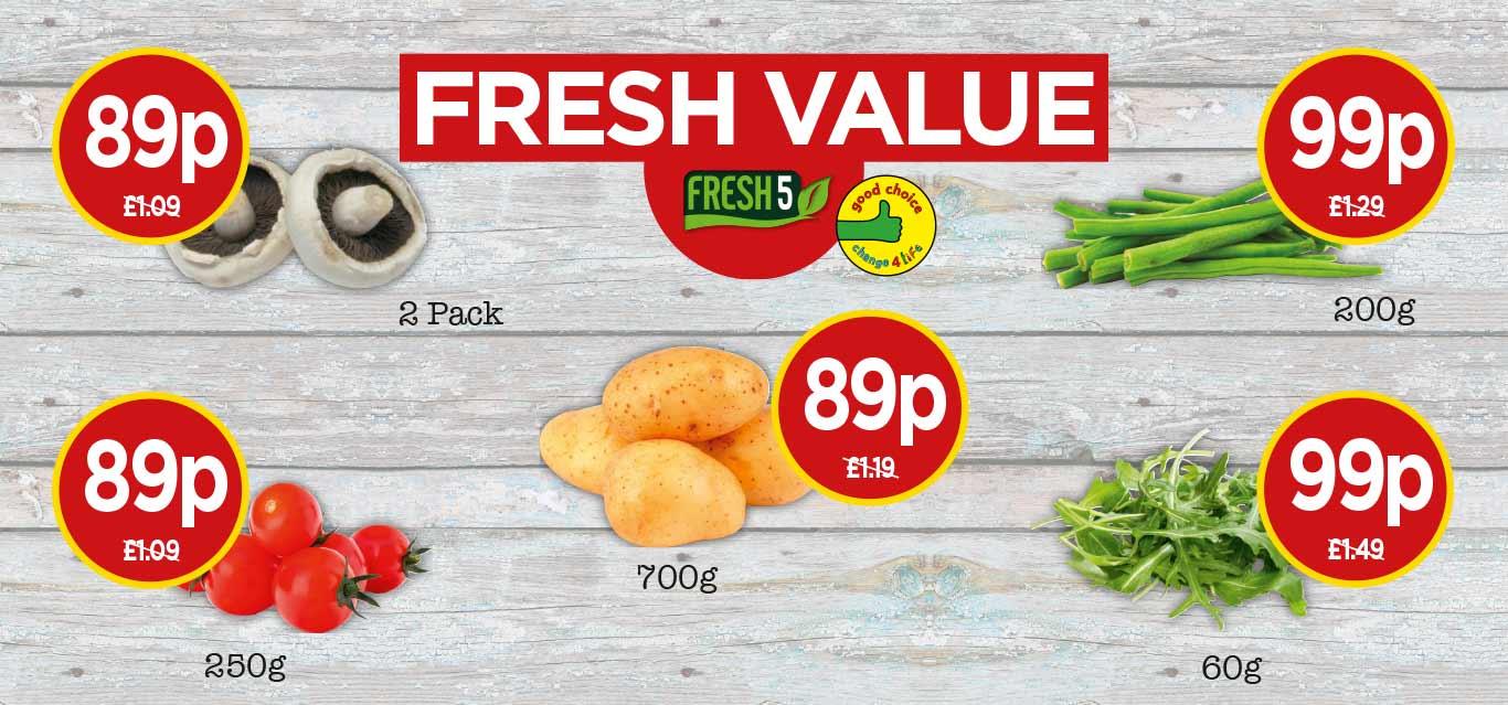 Farm Fresh Flat Mushrooms, Rocket Salad, Cherry Tomatoes, Jacket Potatoes, Green Beans - Fresh Value at Budgens
