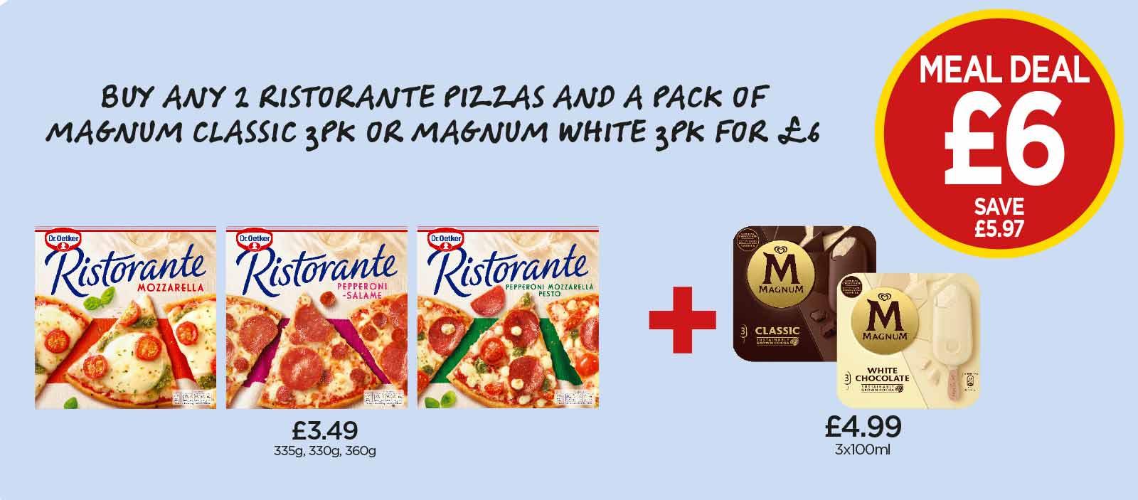 Ristorante Mozzarella, Pepperoni-Salame, Pepperoni Mozzarella Pesto, Magnum Classic, White Chocolate - Buy Any 2 Ristorante Pizzas And A Pack of Magnum for £6 at Budgens