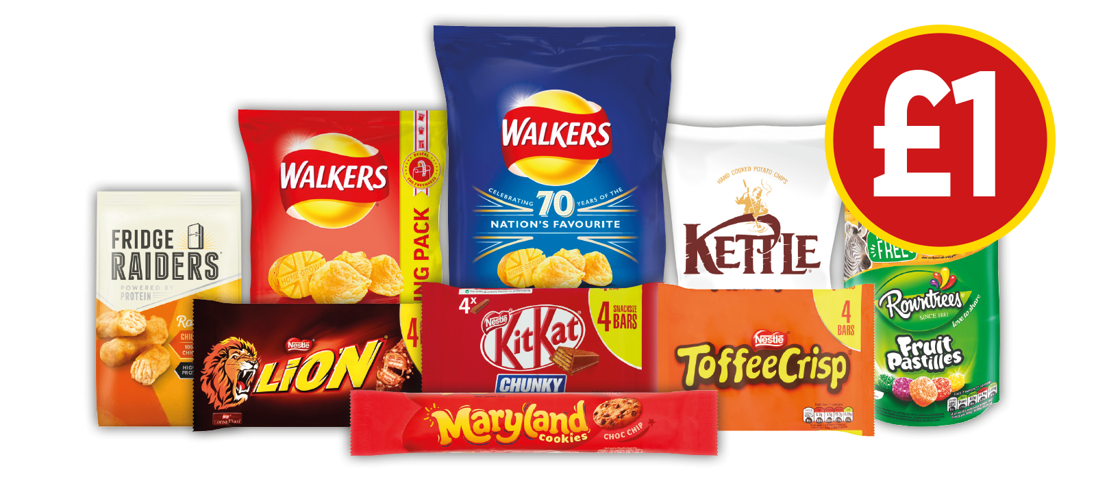 £1 DEALS: Kettle Lightly Salted Crisps, Rowntrees Fruit Pastilles Pouch, Toffee Crisp, Lion Bar, Kit Kat Chunky, Maryland Chocolate Chip Cookes, Walkers Ready Salted, Walkers Cheese & Onion, Fridge Raiders Roast Chicken - £1 at Budgens