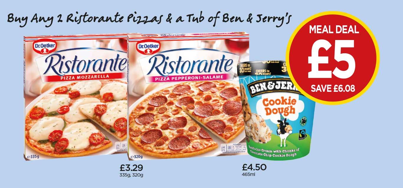 Dr Oetker Ristorante Mozzarella Pizza, Pepperoni-Salame Pizza, Ben & Jerry’s Cookie Dough - £5 at Budgens