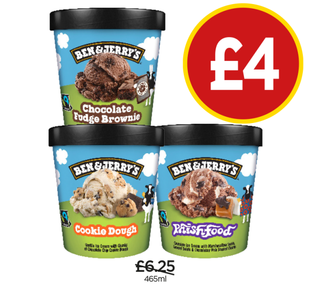 Ben & Jerry's Chocolate Fudge Brownie, Cookie Dough, Phish Food - Now Only £4 each at Budgens
