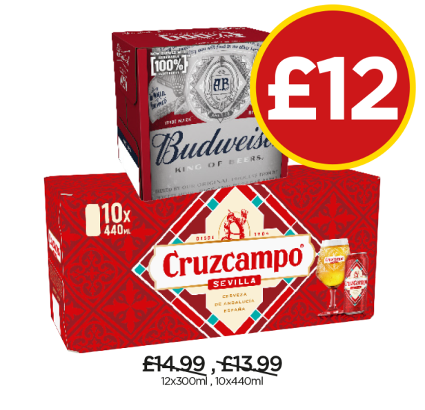 Budweiser, Cruzcampo - Now Only £12 each at Budgens