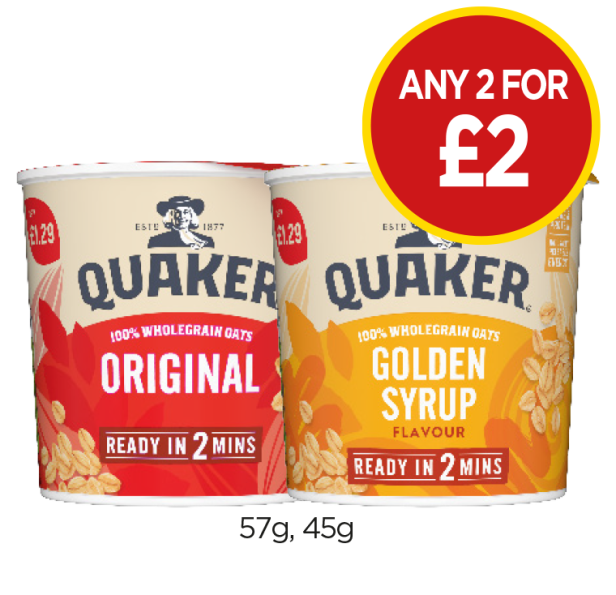 Quakers Oats Original, Golden Syrup - Any 2 for £2 at Budgens