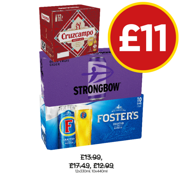 Cruzcampo, Strongbow Dark Fruits, Fosters - Now Only £11 at Budgens