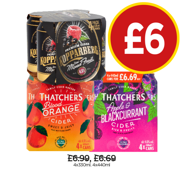 Kopparberg Mixed Fruits, Thatchers Cider Blood Orange, Apple & Blackcurrant - Now Only £6 at Budgens