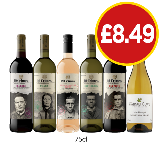 19 Crimes Malbec, Chard, Revolutionary Rosé, Sauv Block, Red Wine, Wairau Cove Sauvignon Blanc - Now Only £8.49 at Budgens