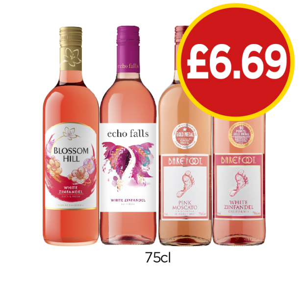 Blossom Hill White Zinfandel, Echo Falls White Zinfandel, Barefoot Pink Moscato, White Zinfandel - Now Only £6.69 at Budgens