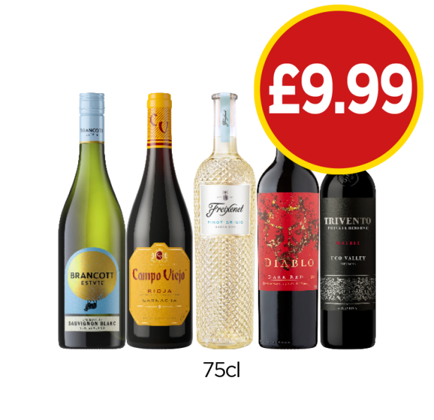Brancott Sauvignon Blanc, Campo Viejo Rioja, Freixenet Pinot Grigio, Diablo Dark Red, Trivento Malbec - Now Only £9.99 at Budgens