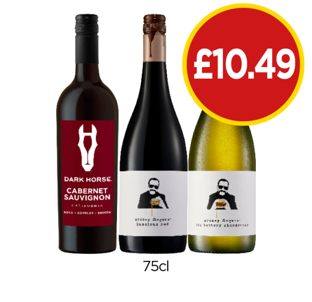 Dark Horse Cabernet Sauvignon, Greasey Fingers Luscious Red, Big Buttery Chardonnay - Now Only £10.49 at Budgens