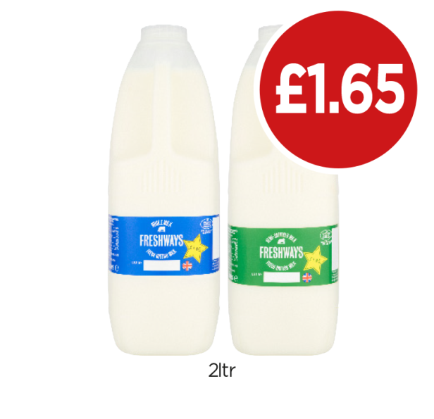 Freshways Milk Semi-Skimmed, Whole - Now Only £1.65 at Budgens