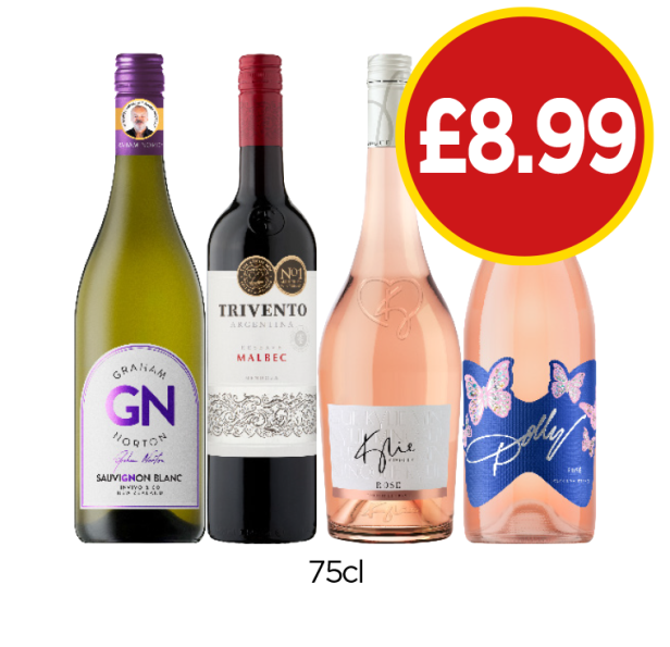 Graham Norton Sauvignon Blanc, Trivento Malbec, Kylie Minogue Rosé, Dolly Rosé - Now Only £8.99 at Budgens