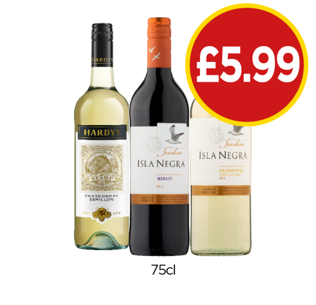 Hardy's Chardonnay Semillon, Isla Negra Merlot, Chardonnay - Now Only £5.99 at Budgens