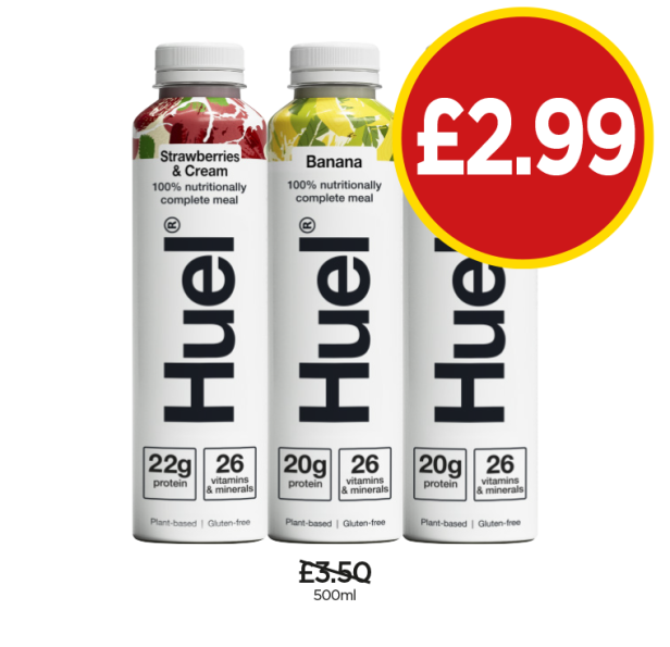 Huel Strawberries & Cream, Banana, Chocolate - Now Only £2.99 at Budgens
