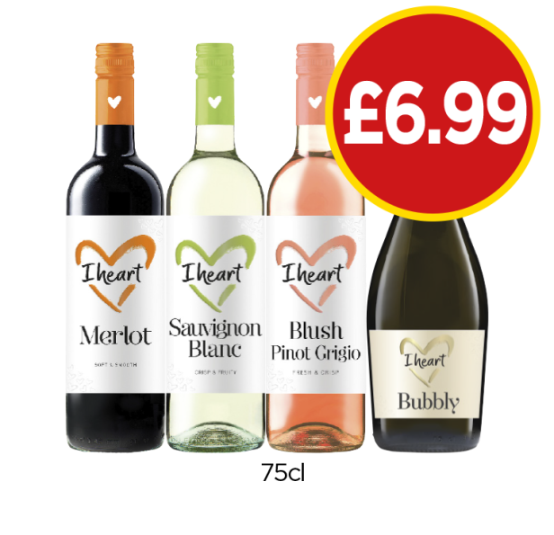 I Heart Merlot, Sauvignon Blanc, Blush Pinot Grigio, Bubbly - Now Only £6.99 at Budgens