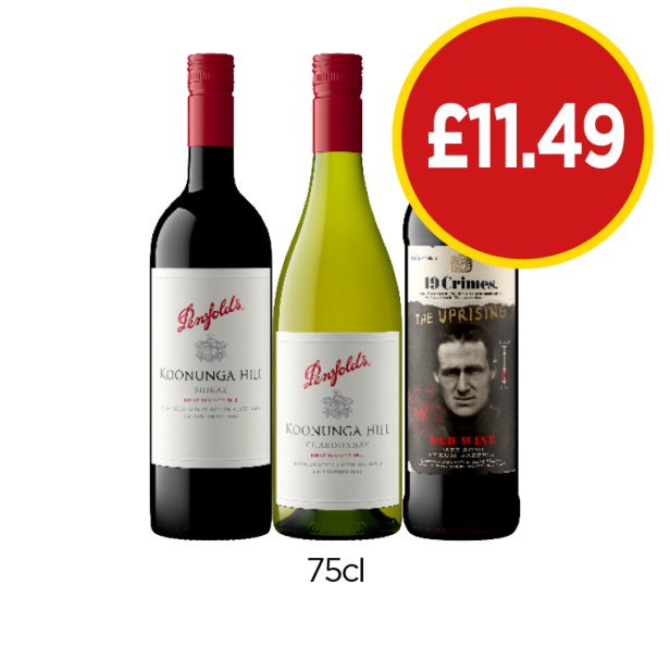 Koonunga Hill Shiraz, Chardonnay, 19 Crimes Red Wine - Now Only £11.49 at Budgens